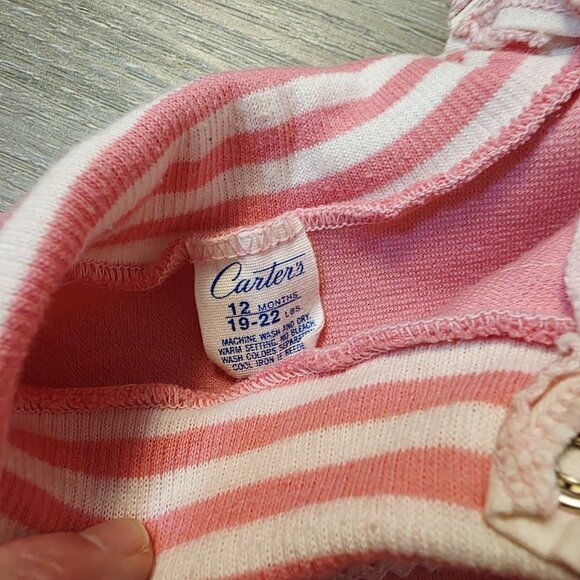 Vtg Pink Long Sleeve Carter's Baby Floral Striped Romper Sz 12 Months - Picture 3 of 5